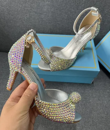 Chic Belle Argenté Soirée Faux Diamant Sandales Femme 2023 Bride Cheville 7 Cm Talons Aiguilles Peep Toes Bout Ouvert Sandales Talons Hauts