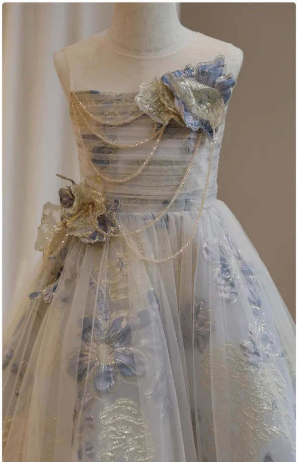 Chic / Beautiful Grey Beading Glitter Flower Birthday Flower Girl Dresses 2024 A-Line / Princess Scoop Neck Sleeveless Backless Bow Floor-Length / Long Tulle