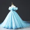 Cinderella Pool Blue Beading Lace Butterfly Birthday Flower Girl Dresses 2022 Ball Gown Scoop Neck Puffy Short Sleeve Backless Court Train Flower Girl Dresses