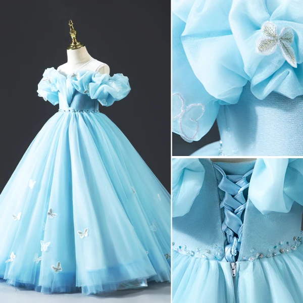 Cendrillon Bleu Perlage En Dentelle Papillon Anniversaire Robe Ceremonie Fille 2022 Robe Boule Encolure Dégagée Gonflée Manches Courtes Dos Nu Tribunal Train Robe Ceremonie Fille