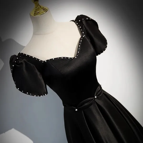 Elegant Black Satin Evening Dresses 2023 A-Line / Princess Square Neckline Short Sleeve Backless Floor-Length / Long Prom Formal Dresses
