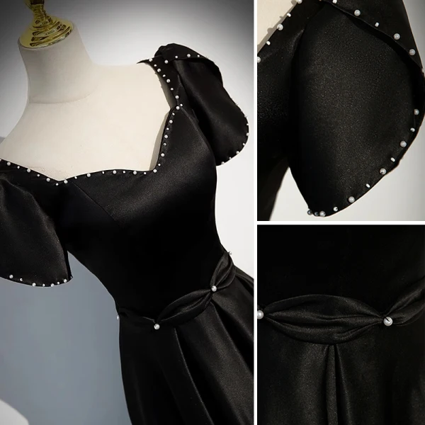 Elegant Black Satin Evening Dresses 2023 A-Line / Princess Square Neckline Short Sleeve Backless Floor-Length / Long Prom Formal Dresses