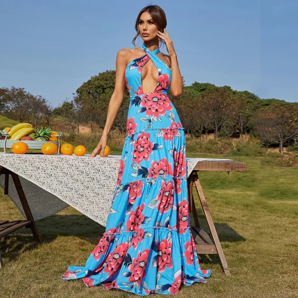 Bohemia Summer Beach Holiday Pool Blue Printing Maxi Dresses 2022 A-Line / Princess High Neck Sleeveless Backless Sweep Train Women Dresses