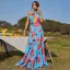 Bohemia Summer Beach Holiday Pool Blue Printing Maxi Dresses 2022 A-Line / Princess High Neck Sleeveless Backless Sweep Train Women Dresses