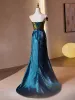 Vintage / Retro Ink Blue Split Front Prom Dresses 2024 Trumpet / Mermaid Strapless Sleeveless Backless Sweep Train Prom Formal Dresses
