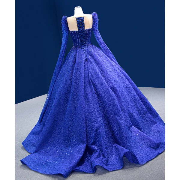 High-end Vintage / Retro Royal Blue Handmade  Beading Sequins Prom Dresses 2022 Ball Gown Scoop Neck Long Sleeve Court Train Prom Formal Dresses