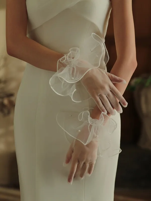 Fashion White Pearl Ruffle Wedding Bridal Gloves 2025 Tulle