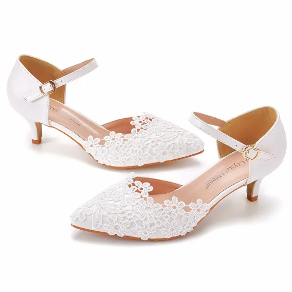 Élégant Blanche En Dentelle Fleur Chaussure De Mariée 2022 5 cm Talons Aiguilles À Bout Pointu Mariage Talons Hauts