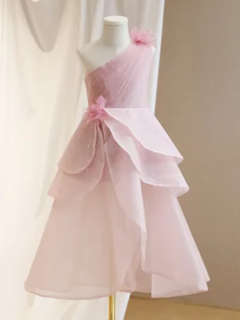 Modest Simple Blushing Pink Appliques Short Birthday Flower Girl Dresses 2024 A Line Princess One Shoulder Sleeveless Backless Tulle