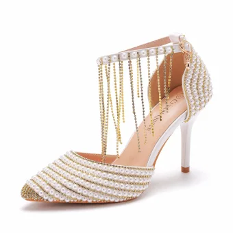 Charmant Goud Parel Rhinestone Bruidsschoenen 2023 Enkelband 9 Cm Naaldhakken Stiletto Spitse Neus Huwelijk Hoge Hakken