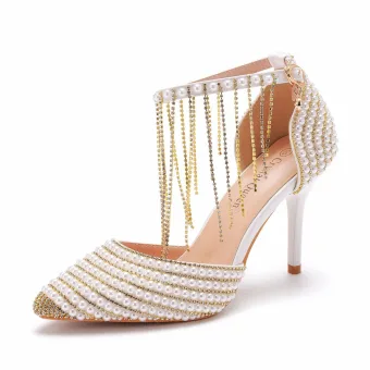 Charming Gold Rhinestone Tassel Pearl Wedding Shoes 2025 9 Cm Stiletto Heels Pointed Toe Wedding High Heels