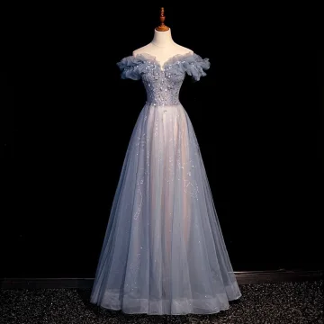 Chic Beautiful Sky Blue Beading Pearl Sequins Prom Dresses 2022 A Line Princess Off The Shoulder Short Sleeve Backless Floor Length Long Prom Formal Dresses
