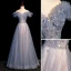 Chic / Beautiful Sky Blue Beading Pearl Sequins Prom Dresses 2022 A-Line / Princess Off-The-Shoulder Short Sleeve Backless Floor-Length / Long Prom Formal Dresses