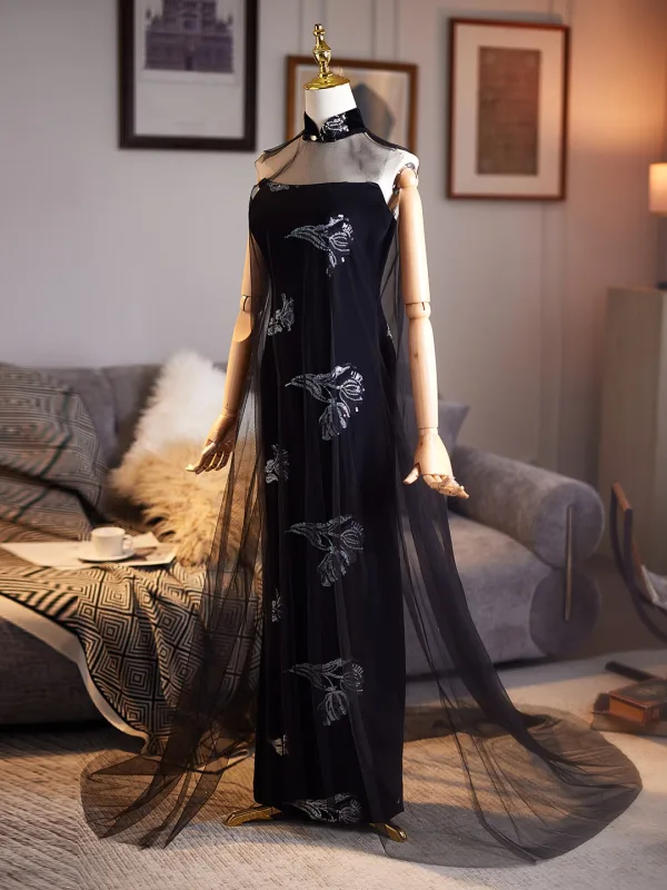 Sexy Black Sequins Evening Party Floor-Length / Long Cheongsam 2026 Trumpet / Mermaid Strapless Sleeveless Backless