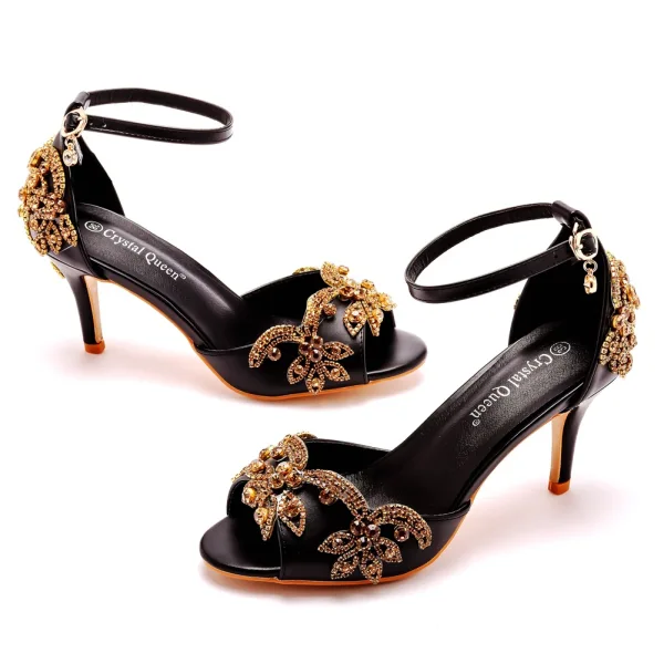 Charmant Schwarz Abend Strass Sandalen Damen 2023 Knöchelriemen 7 cm Stilettos Spitzschuh Sandaletten Hochhackige