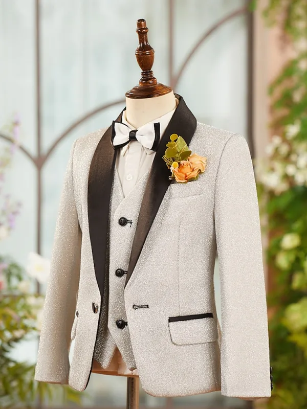 Fall Winter Silver Glitter 6-piece Long Sleeve Boys Wedding Suits 2025 Body Jewellery Coat Pants Shirt Tie Vest
