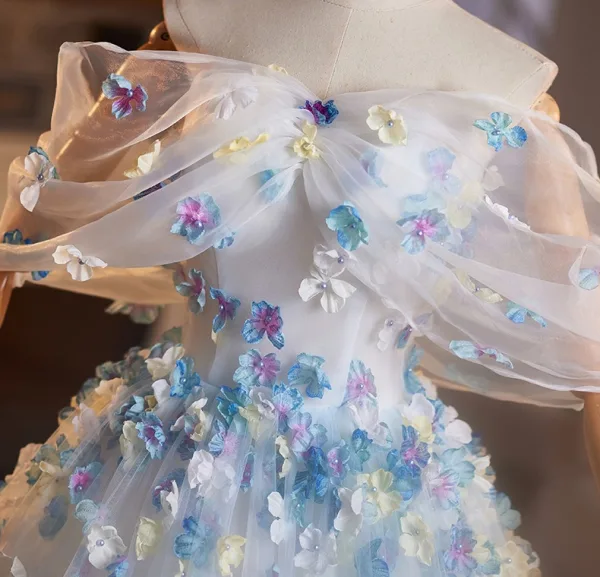 Flower Fairy Sky Blue Appliques Prom Dresses 2025 Ball Gown Off-The-Shoulder Short Sleeve Backless Floor-Length / Long Prom Formal Dresses
