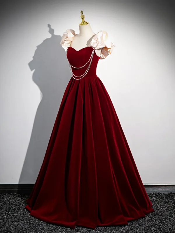 Elegant Burgundy Pearl Prom Dresses 2024 Ball Gown Square Neckline Ruffle Short Sleeve Floor-Length / Long Prom Formal Dresses Backless