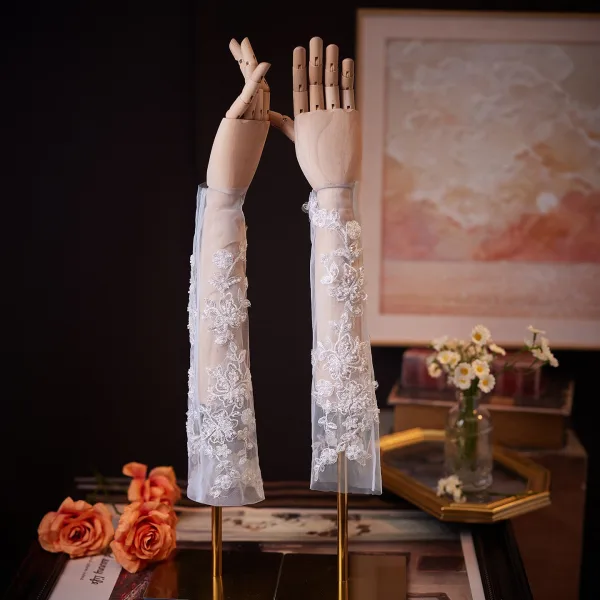 Vintage / Originale Blanche Perlage Paillettes En Dentelle Fleur Mariage Gants Mariage 2026 Tulle