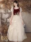 Chic / Beautiful Burgundy Flower Cascading Ruffles Sweet 16 Prom Dresses 2024 A-Line / Princess Square Neckline Puffy Short Sleeve Backless Floor-Length / Long Formal Dresses