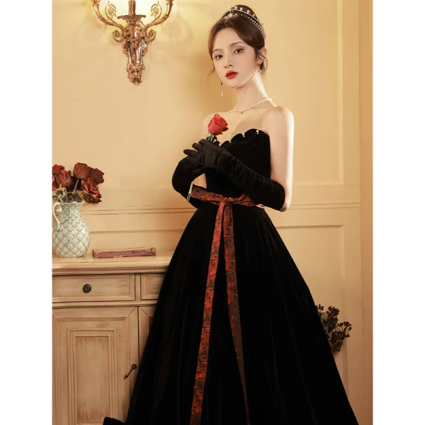 Charming Black Suede Evening Dresses 2023 A-Line / Princess Strapless Sleeveless Bow Sash Backless Floor-Length / Long Evening Party Formal Dresses