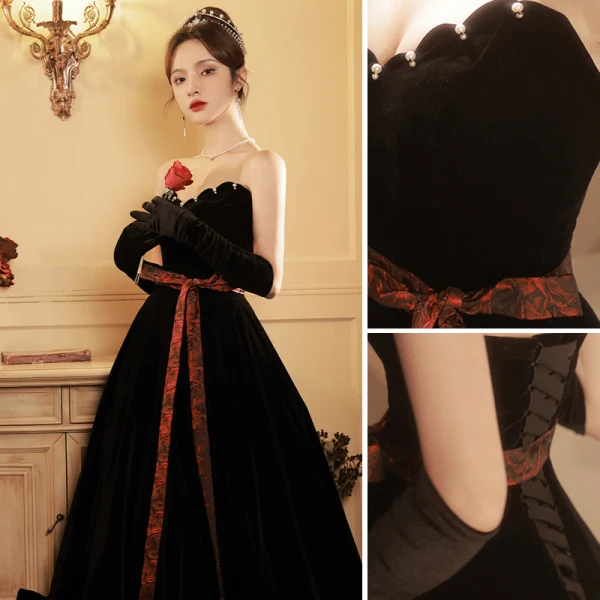 Charming Black Suede Evening Dresses 2023 A-Line / Princess Strapless Sleeveless Bow Sash Backless Floor-Length / Long Evening Party Formal Dresses