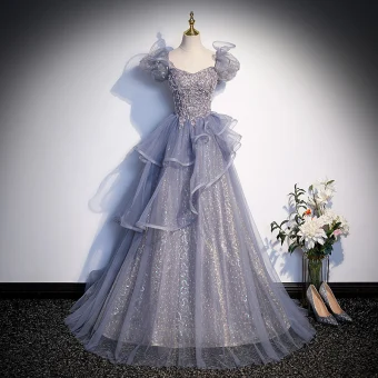 Fashion Grey Beading Sequins Prom Dresses 2023 A Line Princess Square Neckline Puffy Short Sleeve Backless Floor Length Long Prom Formal Dresses