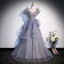 Fashion Grey Beading Sequins Prom Dresses 2023 A-Line / Princess Square Neckline Puffy Short Sleeve Backless Floor-Length / Long Prom Formal Dresses