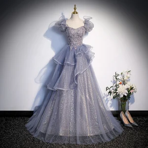 Mode Gris Perlage Paillettes Robe De Bal 2023 Princesse Encolure Carrée Gonflée Manches Courtes Dos Nu Longue Promo Robe De Ceremonie