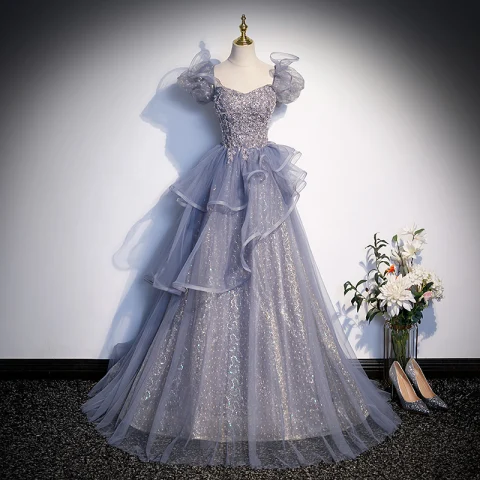 Moda Gris Rebordear Lentejuelas Vestidos de gala 2023 A-Line / Princess Escote Cuadrado Hinchado Manga Corta Sin Espalda Largos Gala Vestidos Formales