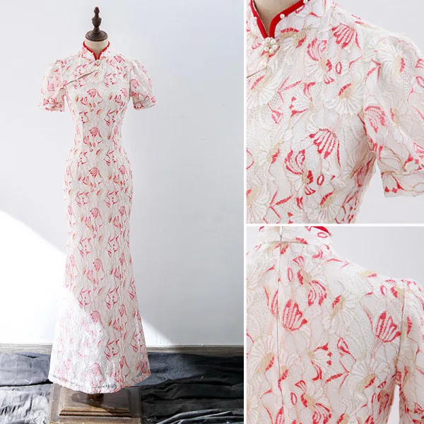 Style Chinois En Dentelle Rouge Robe De Soirée 2022 Trompette / Sirène Col Haut Perle Manches Courtes Longue Soirée Robe De Ceremonie