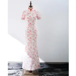 Style Chinois En Dentelle Rouge Robe De Soirée 2022 Trompette Sirène Col Haut Perle Manches Courtes Longue Soirée Robe De Ceremonie