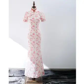 Style Chinois En Dentelle Rouge Robe De Soirée 2022 Trompette Sirène Col Haut Perle Manches Courtes Longue Soirée Robe De Ceremonie