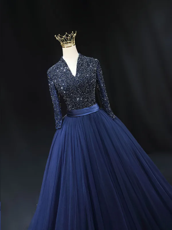 Vintage / Retro High-end Navy Blue Beading Prom Dresses 2024 Ball Gown V-Neck 3/4 Sleeve Backless Floor-Length / Long Prom Formal Dresses