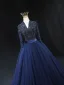 Vintage / Retro High-end Navy Blue Beading Prom Dresses 2024 Ball Gown V-Neck 3/4 Sleeve Backless Floor-Length / Long Prom Formal Dresses