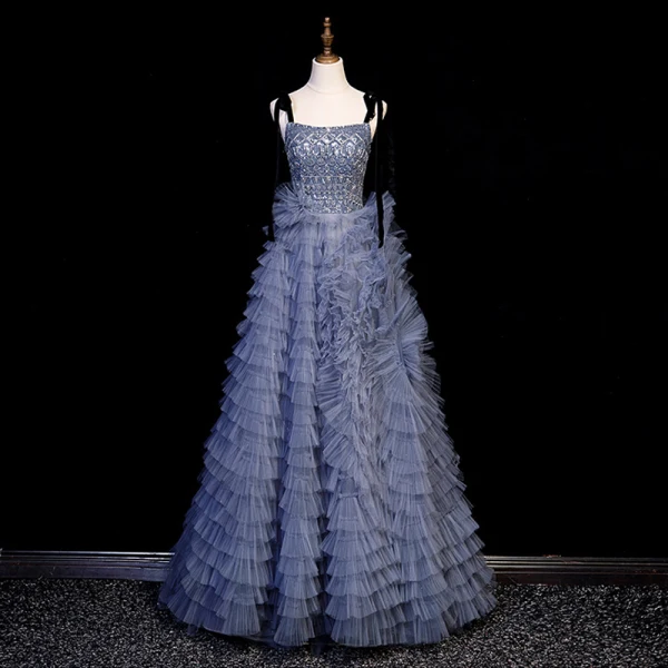 Sexy Ocean Blue Cascading Ruffles Beading Sequins Prom Dresses 2023 A-Line / Princess Off-The-Shoulder Short Sleeve Backless Floor-Length / Long Flower Girl Dresses