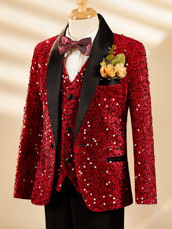 Fall Winter Red Long Sleeve Sequins 6-piece Boys Wedding Suits 2025 Body Jewellery Coat Pants Shirt Tie Vest