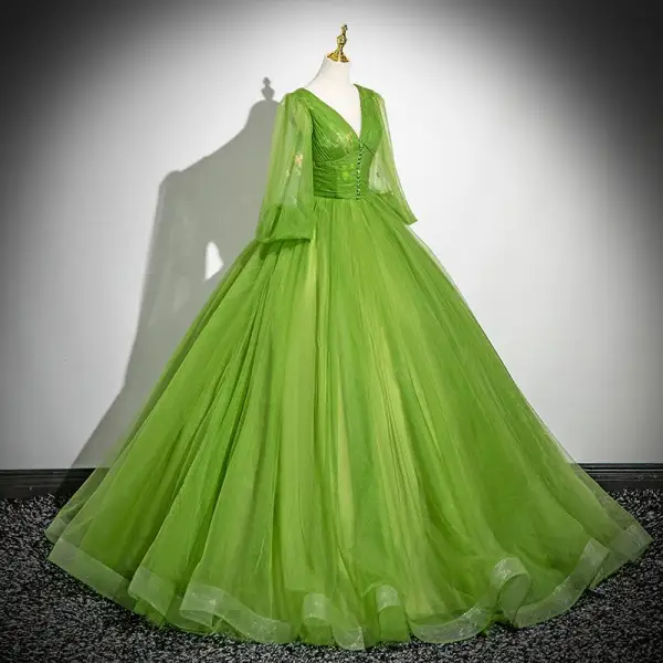 Classic Green Ball Gown Prom Dresses 2024 V-Neck 3/4 Sleeve Backless Floor-Length / Long Prom Formal Dresses