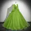 Classic Green Ball Gown Prom Dresses 2024 V-Neck 3/4 Sleeve Backless Floor-Length / Long Prom Formal Dresses