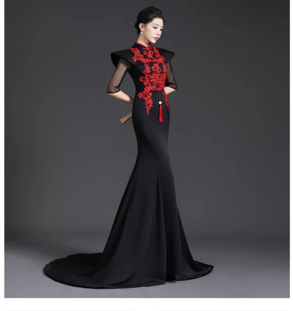 Chinese style Black Lace Flower Cheongsam Evening Dresses 2025 Trumpet / Mermaid High Neck 1/2 Sleeves Sweep Train Evening Party Cheongsam / Qipao