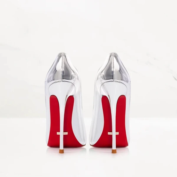 Sexig Silver Läder Röd Sula Afton Pumps 2023 12 cm Stilettklackar Spetsiga Pumps Högklackade