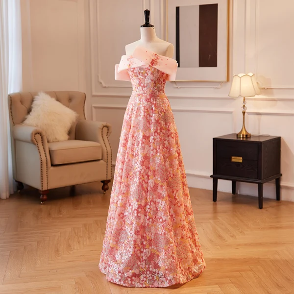 Charmant Pink Pailletten Spitze Blumen Abendkleider 2023 A Linie Off Shoulder Ärmellos Rückenfreies Lange Abend Festliche Kleider