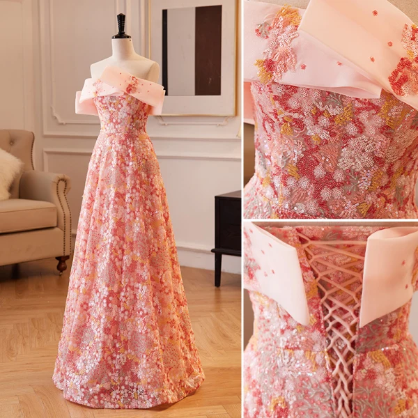 Charmant Pink Pailletten Spitze Blumen Abendkleider 2023 A Linie Off Shoulder Ärmellos Rückenfreies Lange Abend Festliche Kleider