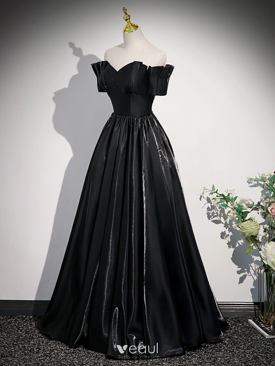 Chic Beautiful Black Satin Prom Dresses 2023 A Line Princess Off The Shoulder Short Sleeve Backless Floor Length Long Prom Formal Dresses