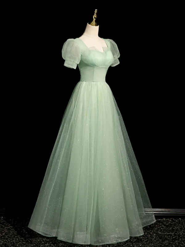 Chic / Beautiful Sage Green Glitter Prom Dresses 2024 A-Line / Princess Square Neckline Short Sleeve Backless Floor-Length / Long Prom Formal Dresses