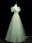 Chic / Beautiful Sage Green Glitter Prom Dresses 2024 A-Line / Princess Square Neckline Short Sleeve Backless Floor-Length / Long Prom Formal Dresses