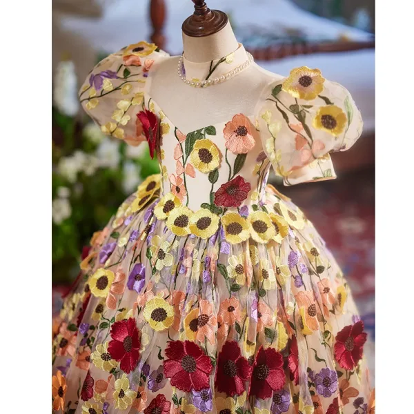 Flower Fairy Multi-Colors Lace Flower Appliques Birthday Flower Girl Dresses 2025 Ball Gown High Neck Short Sleeve Backless Floor-Length / Long Tulle