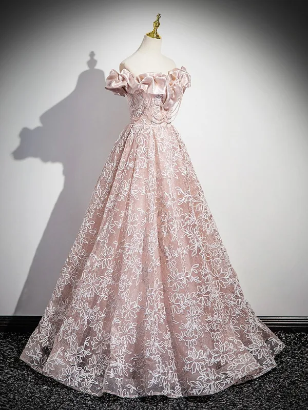 Chic / Beautiful Blushing Pink Flower Sequins Prom Dresses 2025 A-Line / Princess Ruffle Off-The-Shoulder Short Sleeve Backless Floor-Length / Long Prom Formal Dresses