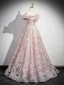 Chic / Beautiful Blushing Pink Flower Sequins Prom Dresses 2025 A-Line / Princess Ruffle Off-The-Shoulder Short Sleeve Backless Floor-Length / Long Prom Formal Dresses