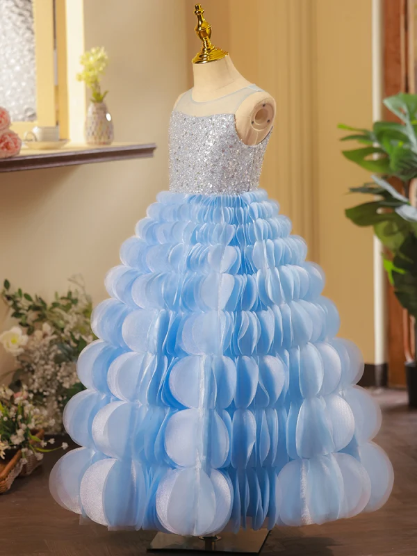 Fashion Sky Blue Sequins Cascading Ruffles Birthday Flower Girl Dresses 2023 Ball Gown Scoop Neck Sleeveless Backless Floor-Length / Long